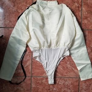 Tall Cream Ruched Shoulder Satin Bodysuit